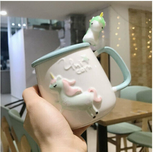 Hot push ceramic water cup [green-with lid + spoon] [capacity: 401mL]