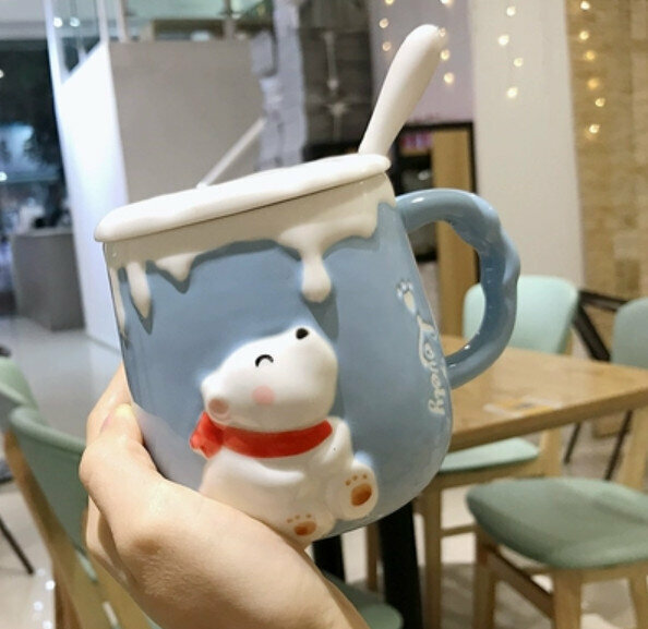 Hot push ceramic water cup [blue-with lid + spoon] [capacity: 401mL]