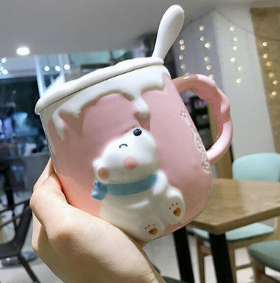 Hot ceramic water cup pink bear [with lid + ceramic spoon] [capacity: 301mL]