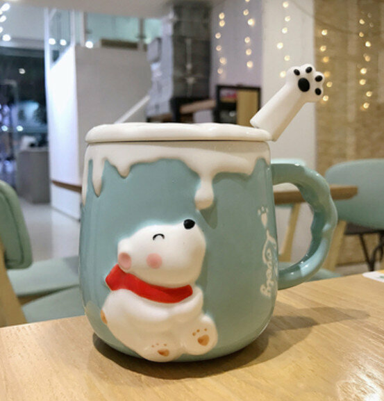Hot Ceramic Water Cup Green Bear [With Lid + Cat Claw Spoon + Gift Box] [Capacity: 301mL]