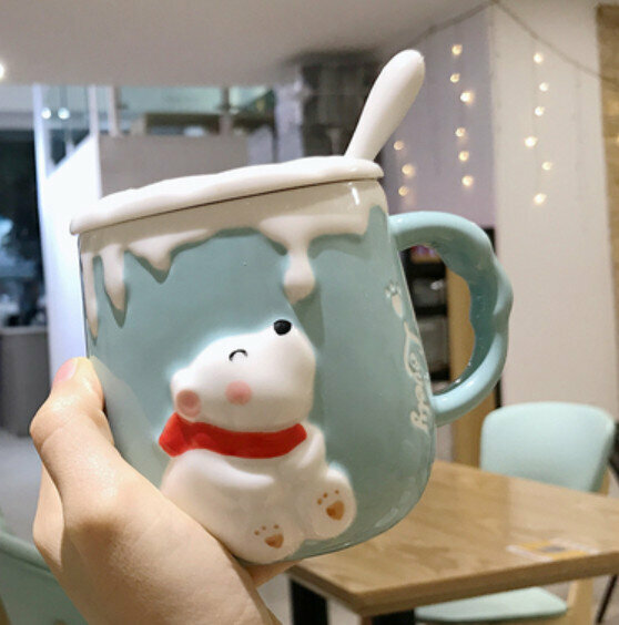 Hot push ceramic water cup Green Bear [with lid + ceramic spoon] [Capacity: 301mL]