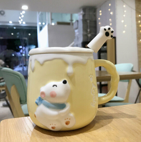 Hot ceramic water cup yellow bear [with lid + cat claw spoon + gift box] [capacity: 301mL]