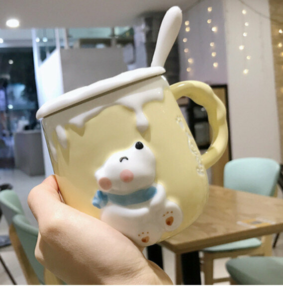 Hot push ceramic water cup yellow bear [with lid + ceramic spoon] [capacity: 301mL]