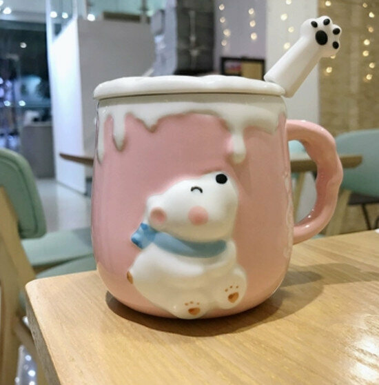 Hot ceramic water cup pink bear [with lid + cat claw spoon + gift box] [capacity: 301mL]