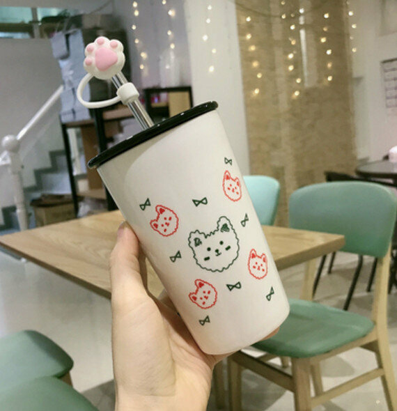 Hot push ceramic water cup with five bear heads [with lid + straw + straw lid] [capacity: 401mL]