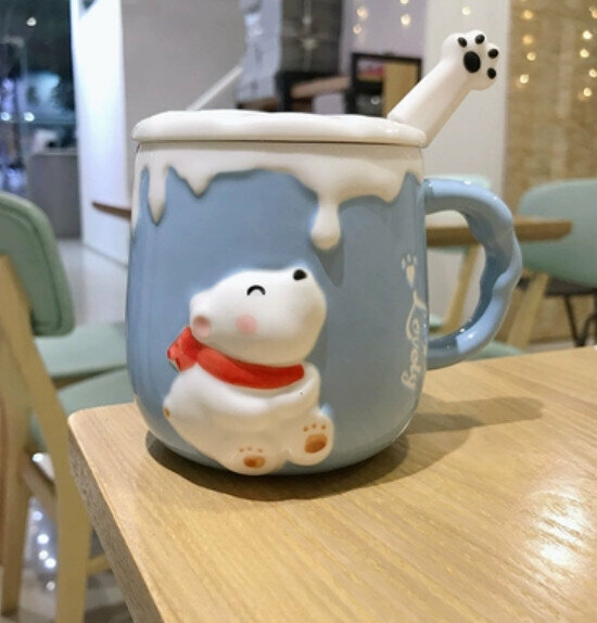 Hot Ceramic Water Cup Blue Bear [With Lid + Cat Claw Spoon + Gift Box] [Capacity: 301mL]
