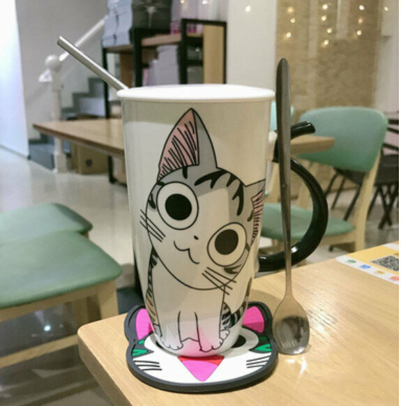 Hot Push Ceramic Water Cup Tilted Meow [Ceramic Lid + Straw + Spoon + Pad] [Capacity: 501mL]