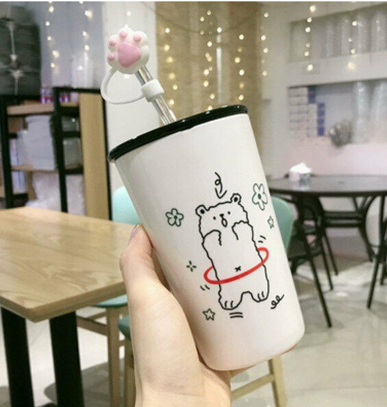 Hot push ceramic water cup, spinning bear [with lid + straw + straw lid] [capacity: 401mL]