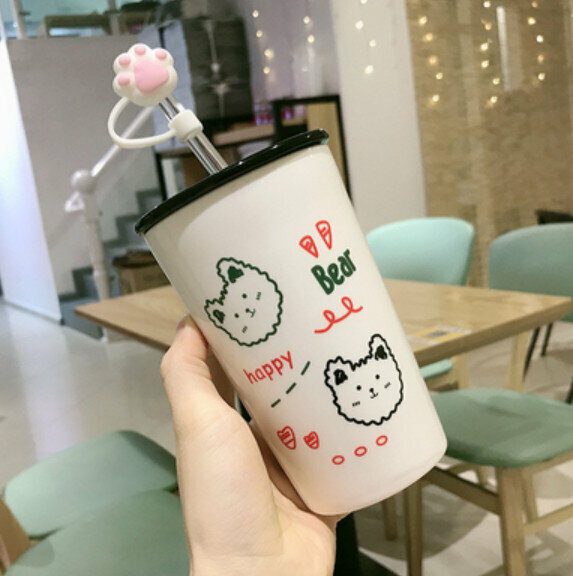 Hot push ceramic water cup with two bear heads [with lid + straw + straw lid] [capacity: 401mL]