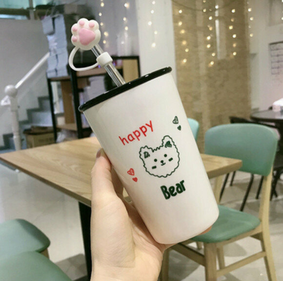 Hot push ceramic water cup with a bear head [with lid + straw + straw lid] [capacity: 401mL]