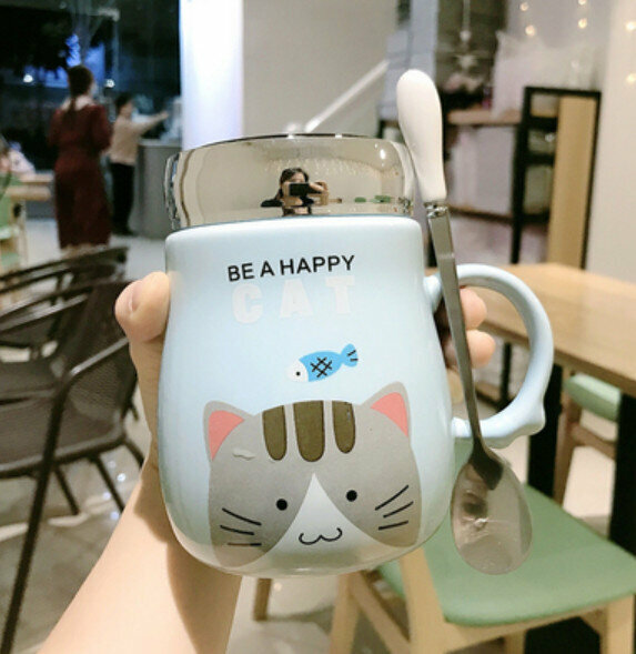 Hot push ceramic water cup blue catfish [lid + droplet spoon] [capacity: 401mL]