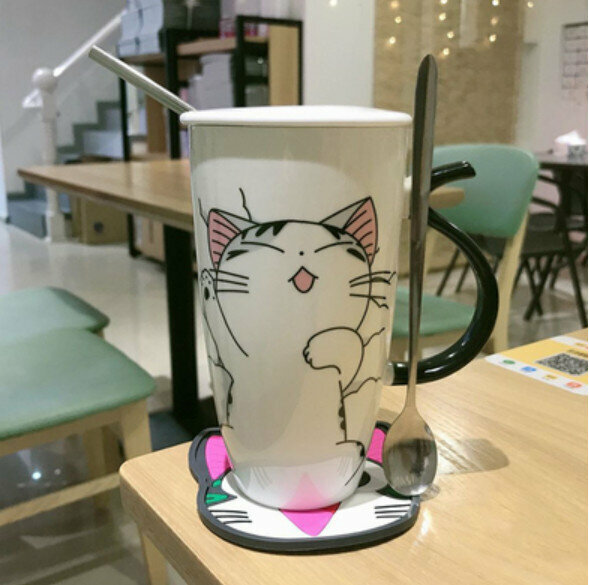Hot push ceramic water cup sleeping cat [ceramic lid + straw + spoon + pad] [capacity: 501mL]