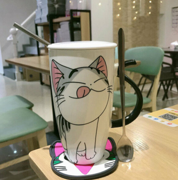 Hot push ceramic water cup [Ceramic lid + straw + spoon + pad] [Capacity: 501mL]