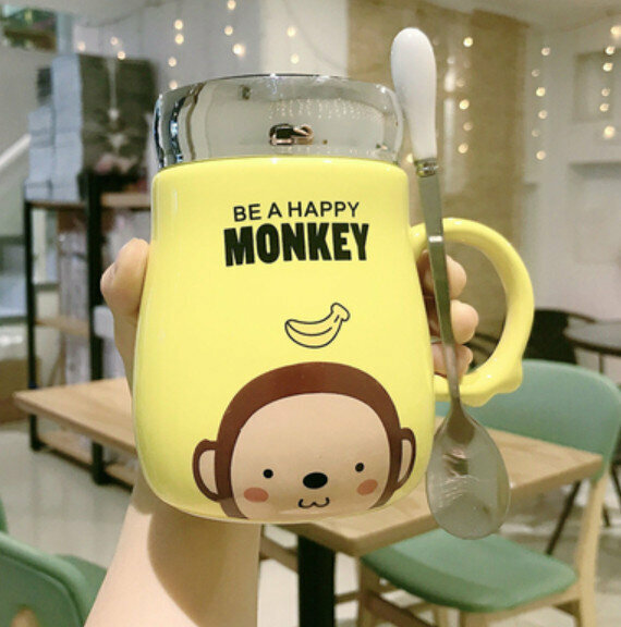 Hot push ceramic water cup Yellow Banana Monkey [Lid + Droplet Spoon] [Capacity: 401mL]