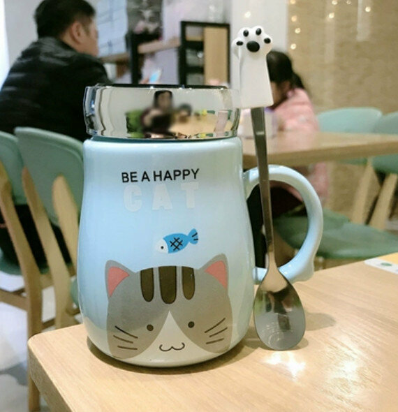 Hot Ceramic Water Cup Blue Cat Fish [Lid + Cat Claw Spoon] [Capacity: 401mL]