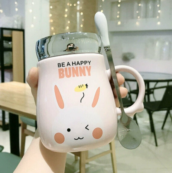 Hot Ceramic Water Cup Pink Carrot Rabbit [Lid + Droplet Spoon] [Capacity: 401mL]