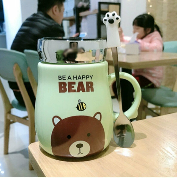 Hot push ceramic water cup green sealed bear [lid + cat claw spoon] [capacity: 401mL]