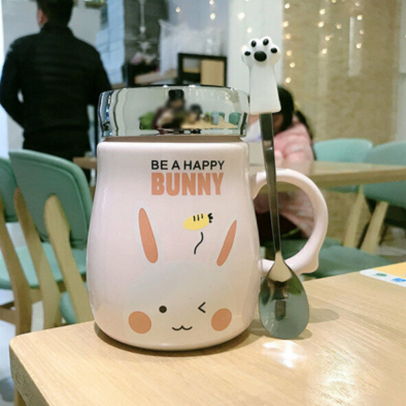 Hot Ceramic Water Cup Pink Carrot Rabbit [Lid + Cat Claw Spoon] [Capacity: 401mL]