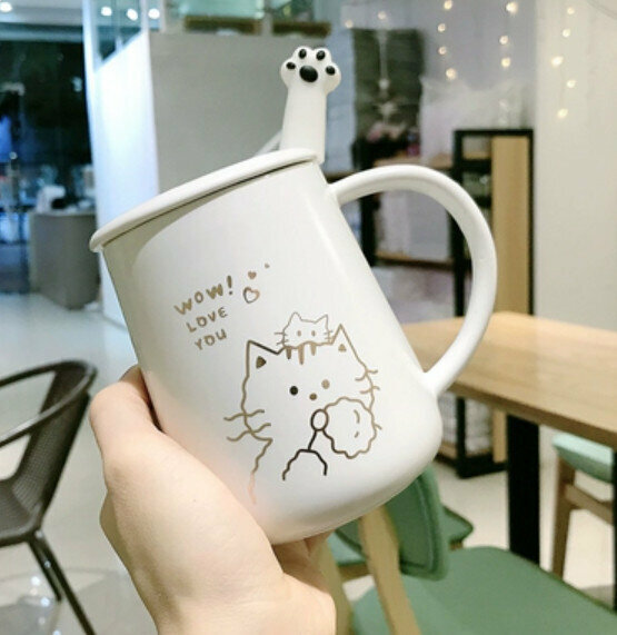 Hot push ceramic water cup golden kitten [with lid + cat claw spoon] [capacity: 401mL]