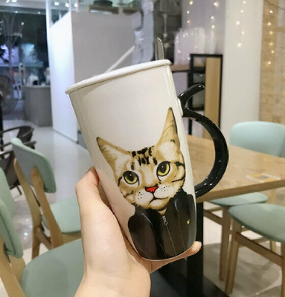 Hot push ceramic water cup Black Cat [Ceramic Lid + Spoon] [Capacity: 501mL]