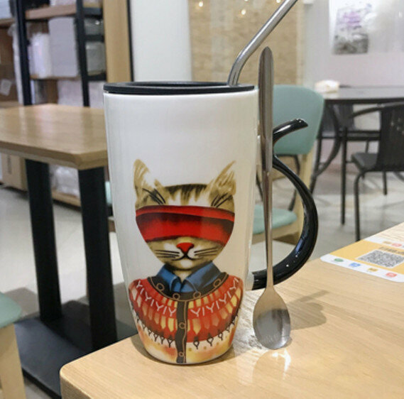 Hot push ceramic water cup Red Cat [Lid + Spoon + Straw] [Capacity: 501mL]