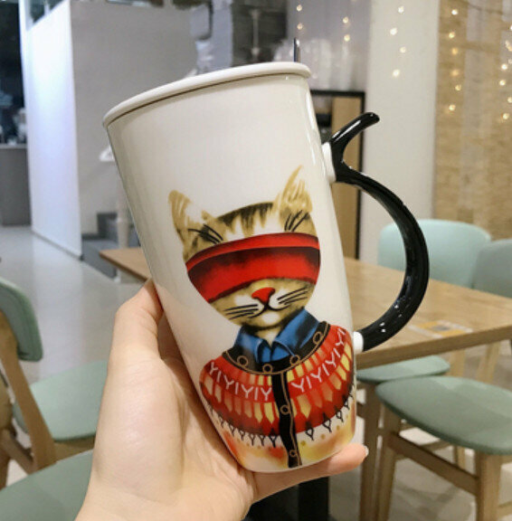 Hot push ceramic water cup Red Cat [Ceramic Lid + Spoon] [Capacity: 501mL]