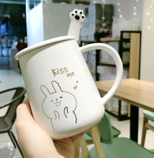 Hot push ceramic water cup golden rabbit [with lid + cat claw spoon] [capacity: 401mL]