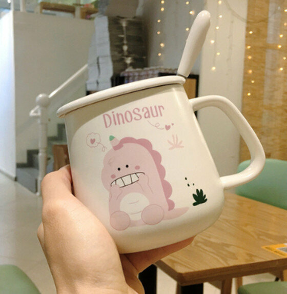 Hot push ceramic water cup DINOSAUR [with ceramic lid + spoon] [Capacity: 501mL]