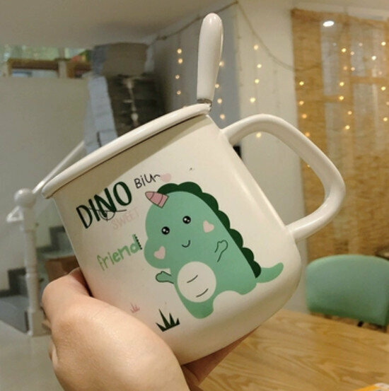 Hot push ceramic water cup DINO [with ceramic lid + spoon] [Capacity: 501mL]