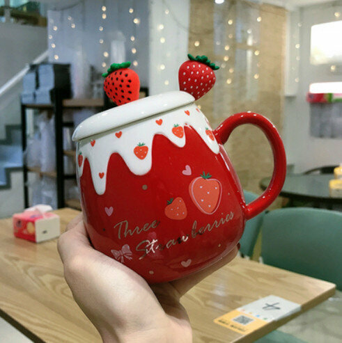 Hot push ceramic water cup with red bow [with lid + strawberry spoon] [capacity: 501mL]