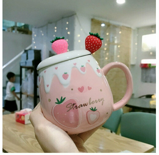 Hot ceramic water cup pink love cup [with lid + strawberry spoon] [capacity: 501mL]