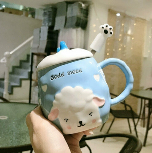Hot push ceramic water cup Blue Sheep [with lid + cat claw spoon] [Capacity: 401mL]