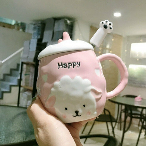 Hot push ceramic water cup pink sheep [with lid + cat claw spoon] [capacity: 401mL]
