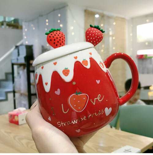 Hot ceramic water cup red love cup [with lid + strawberry spoon] [capacity: 501mL]