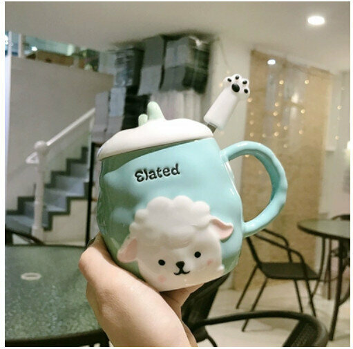 Hot push ceramic water cup green sheep [with lid + cat claw spoon] [capacity: 401mL]