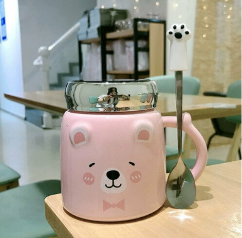 Hot push ceramic water cup pink [with lid + bear claw spoon] [capacity: 401mL]