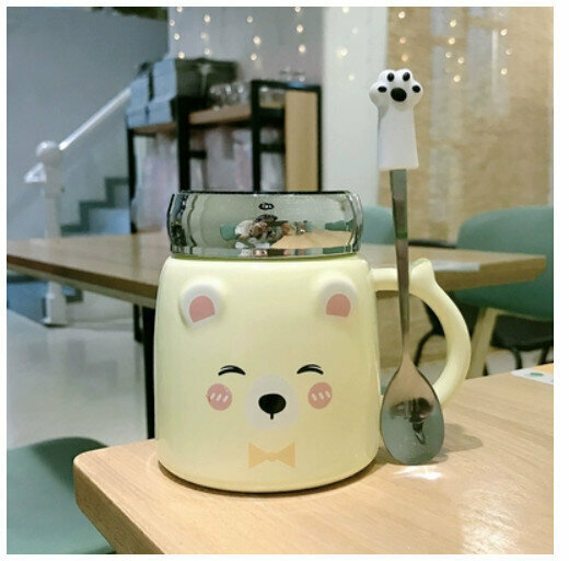 Hot push ceramic water cup yellow [with lid + bear claw spoon] [capacity: 401mL]