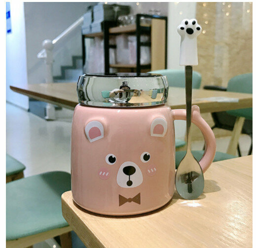 Hot push ceramic water cup brown [with lid + bear claw spoon] [capacity: 401mL]