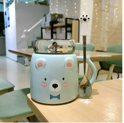 Hot push ceramic water cup blue [with lid + bear claw spoon] [capacity: 401mL]