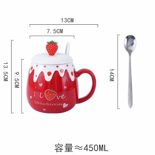 Hot recommendation of cute ceramic mug (401-500ML) (red strawberry LOVE) (ordinary spoon)
