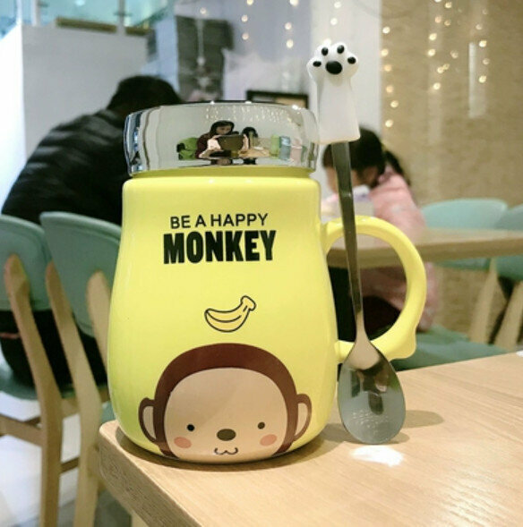 Hot push ceramic water cup Yellow Banana Monkey [Lid + Cat Claw Spoon] [Capacity: 401mL]