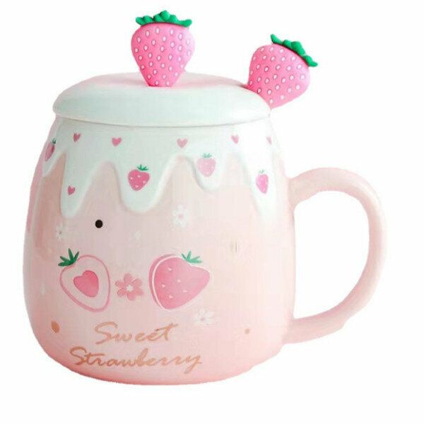 Hot recommendation of cute ceramic mug (401-500ML) (pink strawberry (fruit spoon))