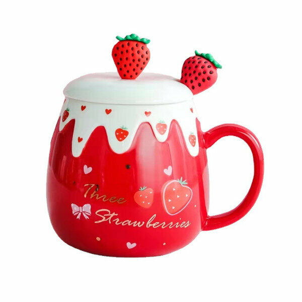 Hot recommended cute ceramic mug (401-500ML) (red strawberry THREE (fruit spoon))
