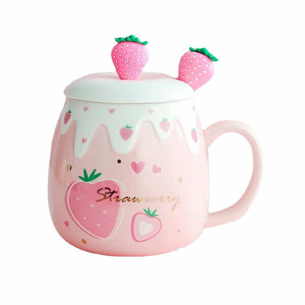 Hot recommendation of cute ceramic mug (401-500ML) (Pink Big Strawberry (Fruit Spoon))