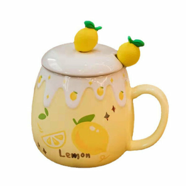 Hot recommendation cute ceramic mug (401-500ML) (yellow lemon (fruit spoon))