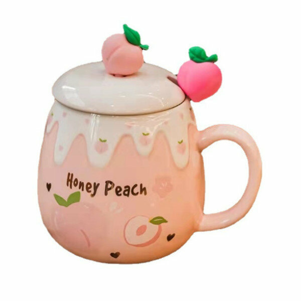 Hot recommended cute ceramic mug (401-500ML) (pink peach (fruit spoon))