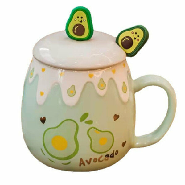 Hot recommendation cute ceramic mug (401-500ML) (green avocado (fruit spoon))