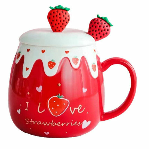Hot recommended cute ceramic mug (401-500ML) (red strawberry LOVE (fruit spoon))
