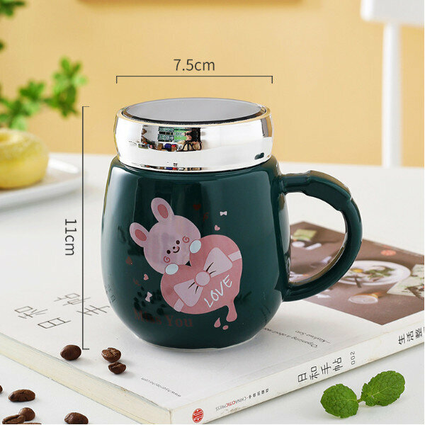 Hot push cartoon ceramic cup with covered spoon (dark green) (301-400ml)