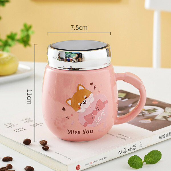 Hot Push Cartoon Ceramic Cup with Lid Spoon (Pink) (301-400ml)